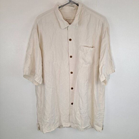 Tommy Bahama Original  100% Silk Cream Embossed Print Mickey Logo Button T Shirt - Picture 2 of 8